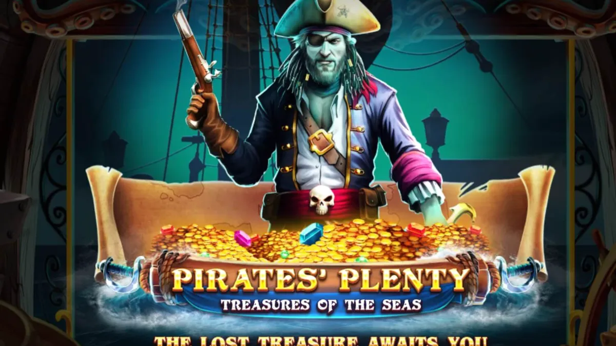 Pemandangan kapal bajak laut di tengah badai dalam slot Pirates’ Plenty: Treasures of the Seas