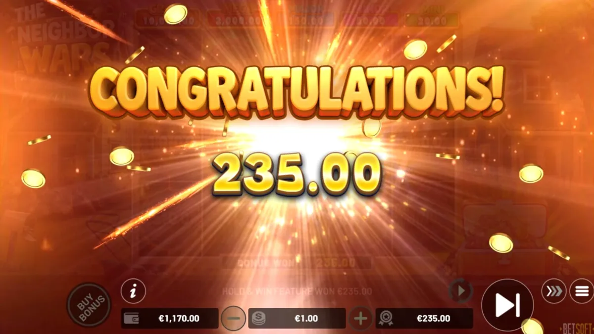 The Neighbor Wars slot game interface featuring suburban rivalry theme