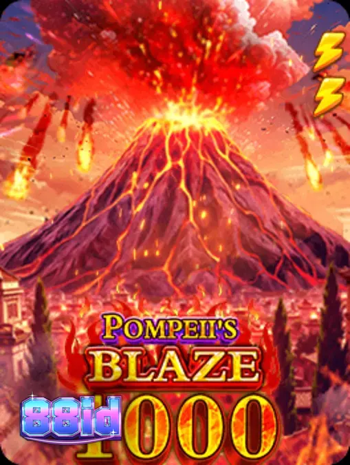 Tampilan visual slot Pompeii’s Blaze 1000 dengan latar belakang gunung berapi